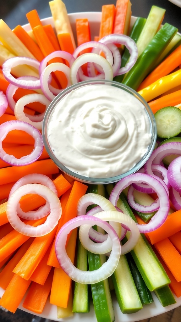 Onion A platter of onion rings and fresh vegetables with a bowl of dip in the center.